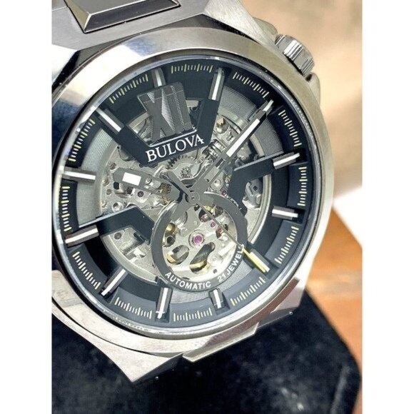Bulova Men's Watch 98A179 Automatic Skeleton Dial Black Gunmetal Stainless Steel - Picture 1 of 14